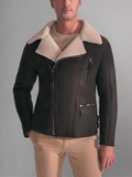 Men’s Black Leather White Shearling Collar Jacket