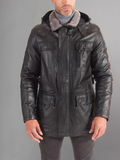 Men’s Black Shearling Leather Jacket with Hood