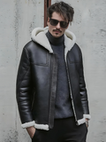 Men’s Black Sheepskin Leather White Shearling Jacket with Hood