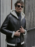 Men’s Black Sheepskin Leather White Shearling Jacket with Hood