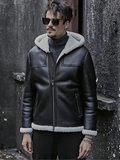 Men’s Black Sheepskin Leather White Shearling Jacket with Hood