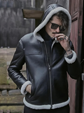 Men’s Black Sheepskin Leather White Shearling Jacket with Hood