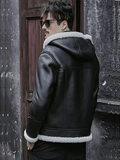 Men’s Black Sheepskin Leather White Shearling Jacket with Hood