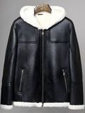 Men’s Black Sheepskin Leather White Shearling Jacket with Hood