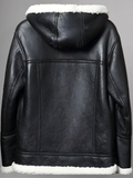 Men’s Black Sheepskin Leather White Shearling Jacket with Hood