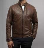 Men’s Brown Slim Fit Racer Style Leather Jacket