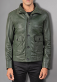 Men's Green Classic Motorcycle Genuine Leather Jacke Embossed Skull Bones
