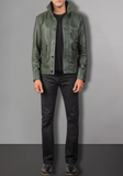 Men's Green Classic Motorcycle Genuine Leather Jacke Embossed Skull Bones
