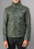 Men's Green Classic Motorcycle Genuine Leather Jacke Embossed Skull Bones
