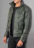 Men's Green Classic Motorcycle Genuine Leather Jacke Embossed Skull Bones

