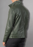 Men's Green Classic Motorcycle Genuine Leather Jacke Embossed Skull Bones
