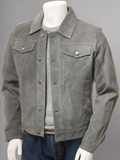 Men's Olive Suede Trucker Jeans Leather Jacket