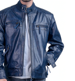 Men’s Quilted Cafe Racer Blue Leather Jacket