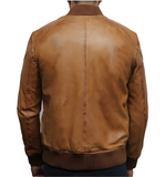 Men’s Tan Brown Waxed Lambskin Bomber Leather Jacket