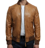 Men’s Tan Brown Waxed Lambskin Bomber Leather Jacket
