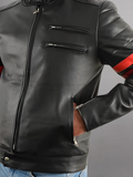 Men's Black Biker With Red Stripes Real sheepskin Leather Jacket