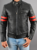 Men's Black Biker With Red Stripes Real sheepskin Leather Jacket