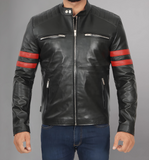 Mens Black Quilted Red Stripe Cafe Racer Leather Motorcycle Jacket