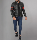 Mens Black Quilted Red Stripe Cafe Racer Leather Motorcycle Jacket