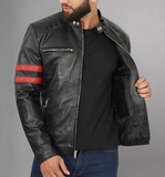 Mens Black Quilted Red Stripe Cafe Racer Leather Motorcycle Jacket