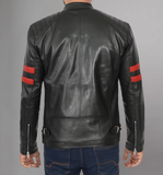 Mens Black Quilted Red Stripe Cafe Racer Leather Motorcycle Jacket