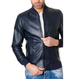 Mens Bomber Blue Leather Plain Jacket