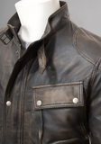 Mens Cafe Racer Biker Distressed Leather Jacket Coat
