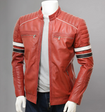 Mens Café Racer Red Striped Shoulder Padded Leather Jacket