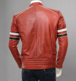 Mens Café Racer Red Striped Shoulder Padded Leather Jacket