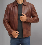 Mens Casual Stylish Brown Fitted Biker Leather Jacket