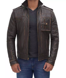 Mens Distressed Brown Cafe Racer Leather Jacket