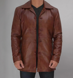 Mens Distressed Camel 34 Length Leather Coat