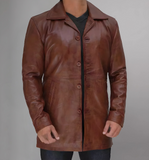 Mens Distressed Camel 34 Length Leather Coat