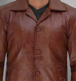 Mens Distressed Camel 34 Length Leather Coat