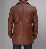 Mens Distressed Camel 34 Length Leather Coat