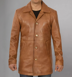 Mens Distressed Camel 34 Length Leather Coat