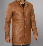 Mens Distressed Camel 34 Length Leather Coat