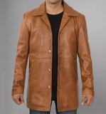 Mens Distressed Camel 34 Length Leather Coat