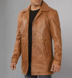 Mens Distressed Camel 34 Length Leather Coat