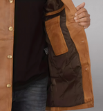 Mens Distressed Camel 34 Length Leather Coat