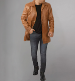 Mens Distressed Camel 34 Length Leather Coat