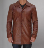 Mens Distressed Camel 34 Length Leather Coat