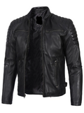 Mens Genuine Leather Stand Collar Motorcycle Jacket