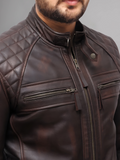 Mens Genuine Leather Stand Collar Motorcycle Jacket