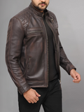 Mens Genuine Leather Stand Collar Motorcycle Jacket