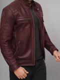 Mens Genuine Leather Stand Collar Motorcycle Jacket