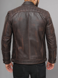 Mens Genuine Leather Stand Collar Motorcycle Jacket