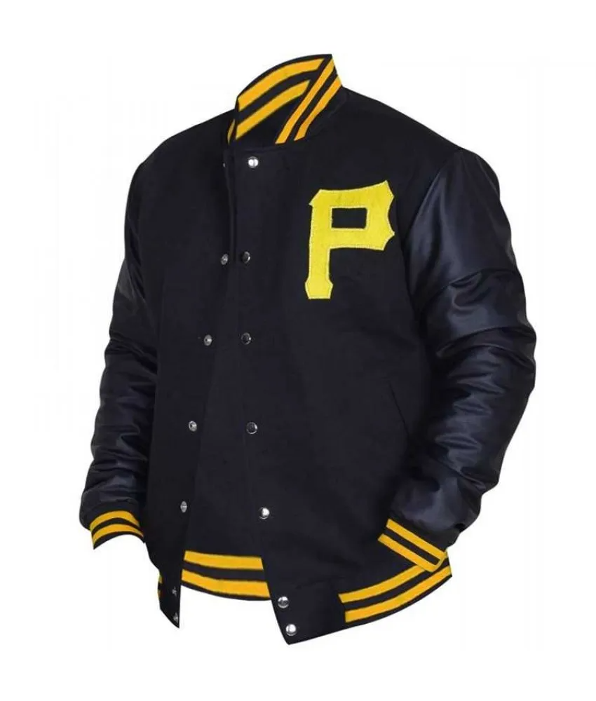 Mens Majestic Pittsburgh Pirates Letterman Bomber Black Jacket