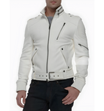 Mens Racer Moto Biker White Leather Jacket