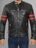 Mens Red Striped Black Leather Jacket